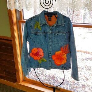 West End Petite Denim Jacket Blue Floral Hibiscus Sequin Hand Painted PM PMED